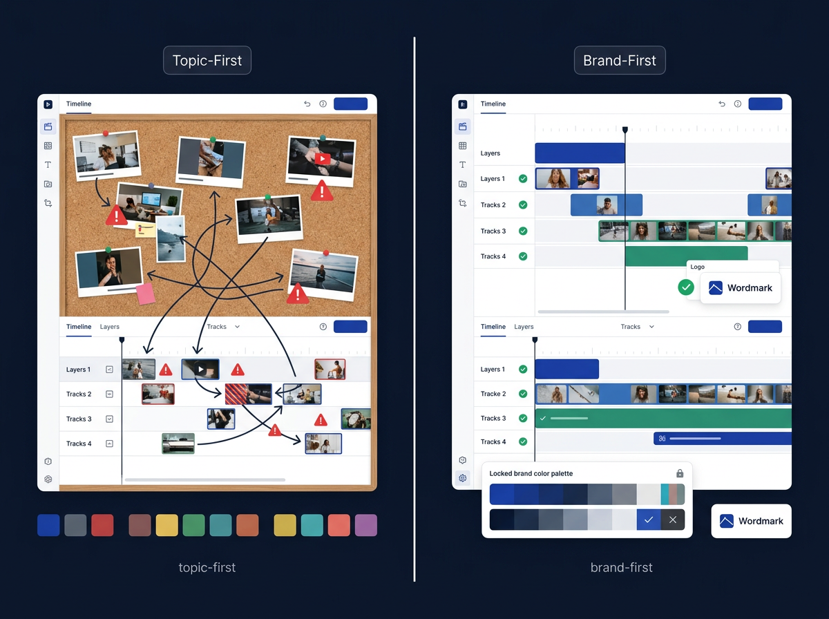 Chaotic topic-first AI workflow versus TrueCut's clean brand-first video timeline